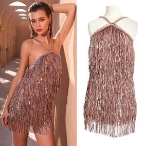 Bronx and Banco Isle Rose‎ Gold Sequin Fringe Mini Dress